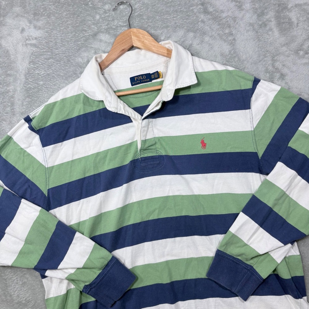 Polo Ralph Lauren Rugby Shirt Mens 2XB Green Navy Blue White Striped Long Sleeve